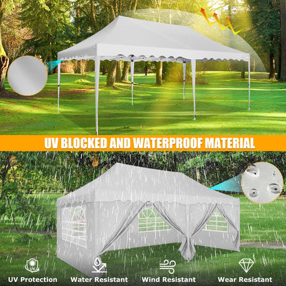 HOTEEL 10x20 Pop Up Canopy Tent for Parties, Waterproof Easy Setup Canopy Tent 10x20 with 6 Sidewalls, 4 Sandbags, Wheeled Bag, Outdoor Sunproof 10x20 Canopy for Backyard, Wedding, Event, Patio, White