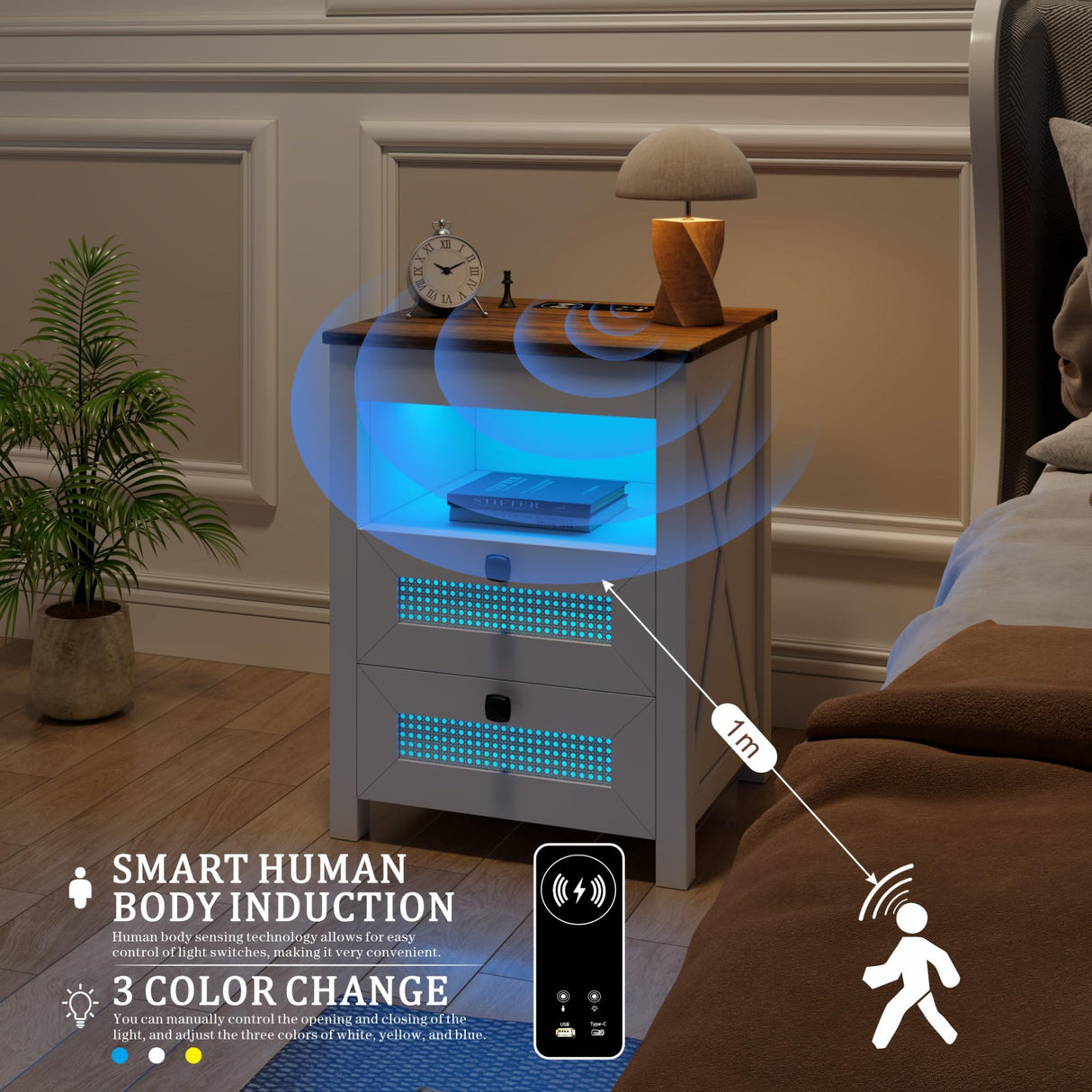 FREDEES Bedside Table set of 2 with Drawers, End Table with Charging Station, LED Night Stand with Human Sensor Light, Rattan Nightstand for Bedroom, White FREDEES