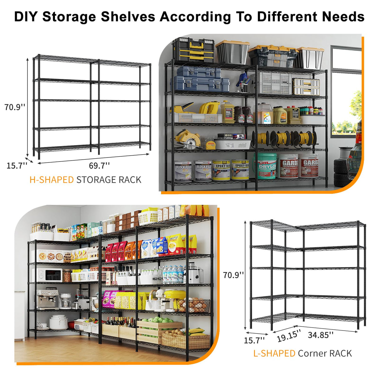 Karl home Storage Shelves 5 Tier Adjustable Garage Storage Shelving, Double Row, Powder Coated Black, Flexible Layer Spacing, for Retail & Exhibition, 70×16×71 inches Karl home