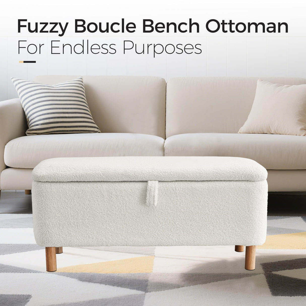 Storage Ottoman Bench for Bedroom End of Bed, Boucle Upholstered Padded Storage Bench for Entryway Bed Foot Entryway, Sherpa Rectangle Cushion Shoe Seat Blanket Chest Cute for Living Room, White Comfort Stretch