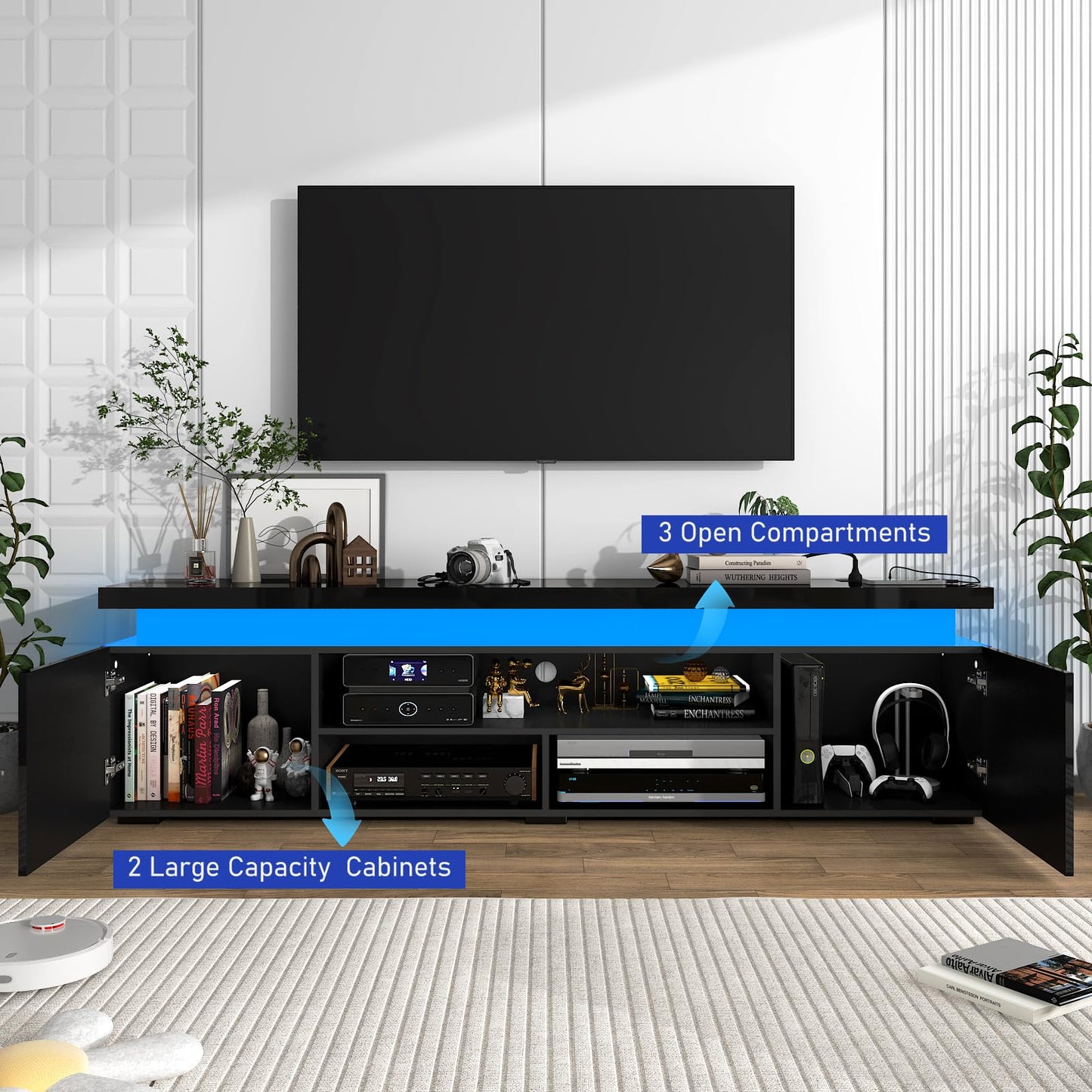 LED TV Stand for 85 Inch TV, Modern Gaming TV Stand with Power Outlet, High Gloss TV Console Entertainment Center with Storage for Living Room, Bedroom (74 Inch, Black)