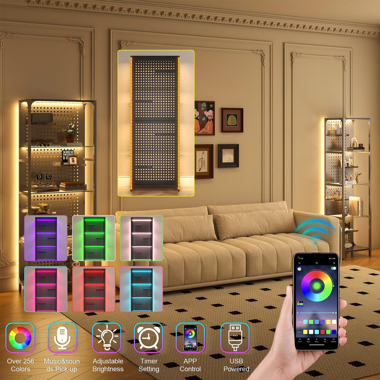 Saudism Glass Display Shelf for Collectibles, LED Black Shelf, Curio Cabinet, Lighted Tall Narrow Shelf with Pegboard Steel Frame for Gaming Room, Floor Lamp with Shelf, Living Room, Bedroom, Large Saudism