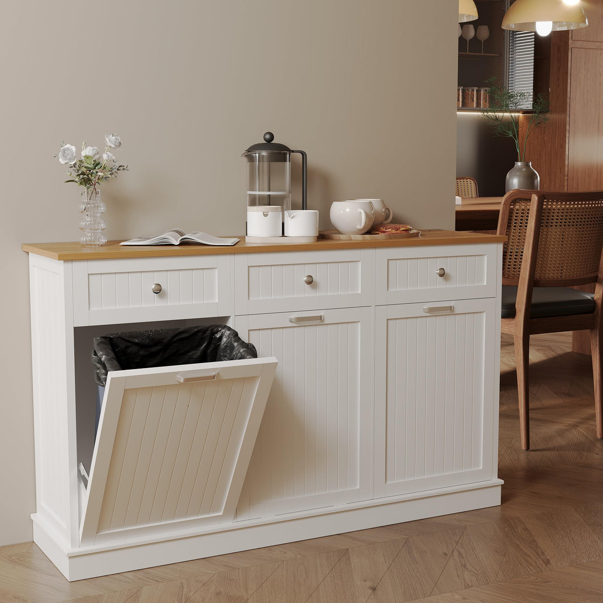 JassmiPkwy Triple Tilt Out Trash Can Cabinet 30 Gallon, 3 in 1 Garbage Can Recycling Cabinet, 59 INCH Trash Recycling Compost with 3 Drawer, Wooden, Dog Proof Trash Can Cabinet JassmiPkwy