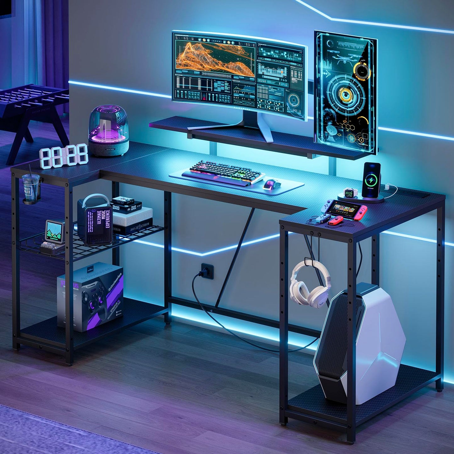 Bestier Gaming Desk with LED Lights & Power Outlets, 63 inch U Shaped Computer Desk with Monitor Stand & Storage Shelves, PC Desk with Cup Holder & Hook for Home Office, Black 3D Carbon Fiber - WoodArtSupply