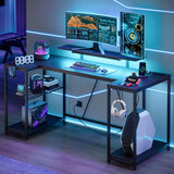 Bestier Gaming Desk with LED Lights & Power Outlets, 63 inch U Shaped Computer Desk with Monitor Stand & Storage Shelves, PC Desk with Cup Holder & Hook for Home Office, Black 3D Carbon Fiber Bestier