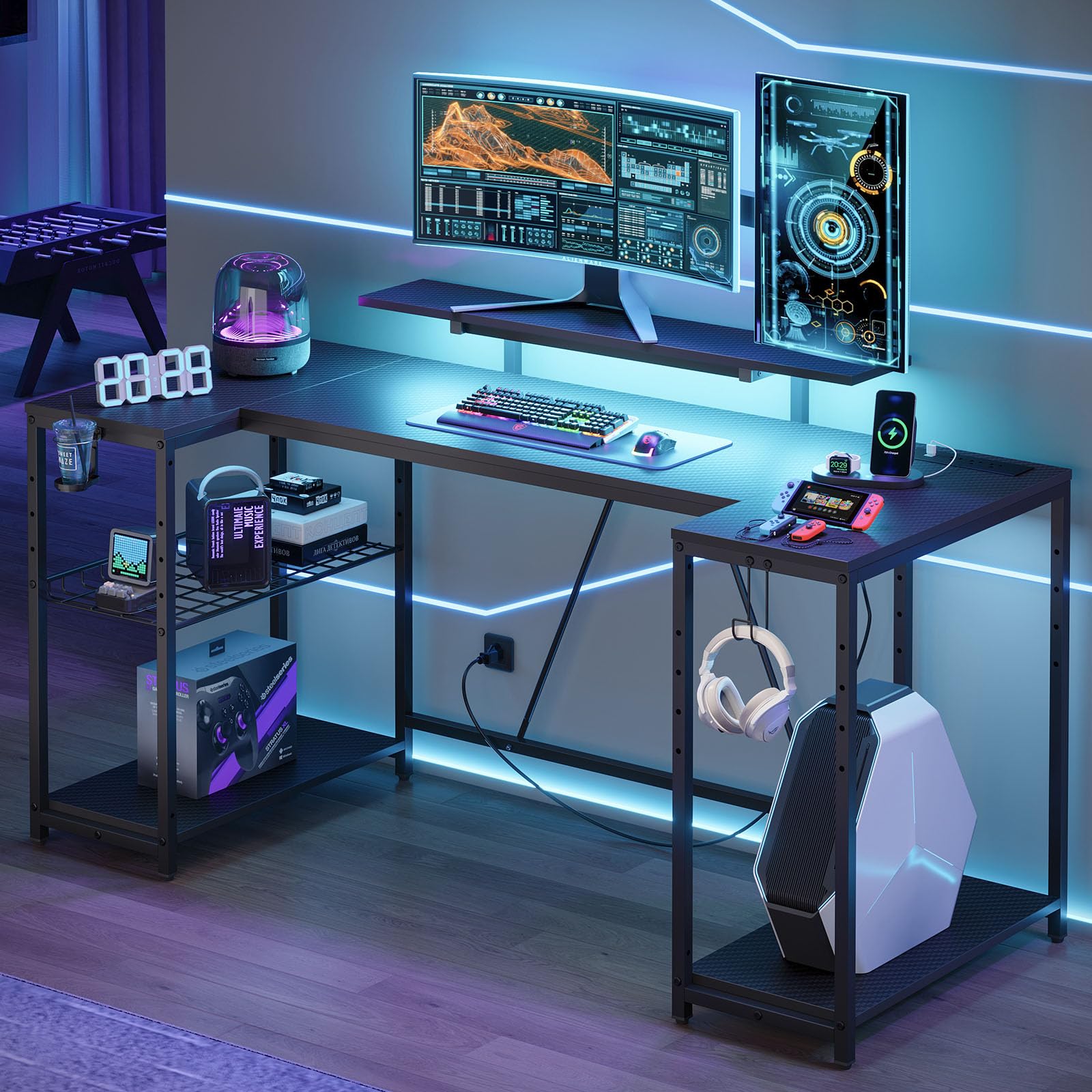 Bestier Gaming Desk with LED Lights & Power Outlets, 63 inch U Shaped Computer Desk with Monitor Stand & Storage Shelves, PC Desk with Cup Holder & Hook for Home Office, Black 3D Carbon Fiber - WoodArtSupply