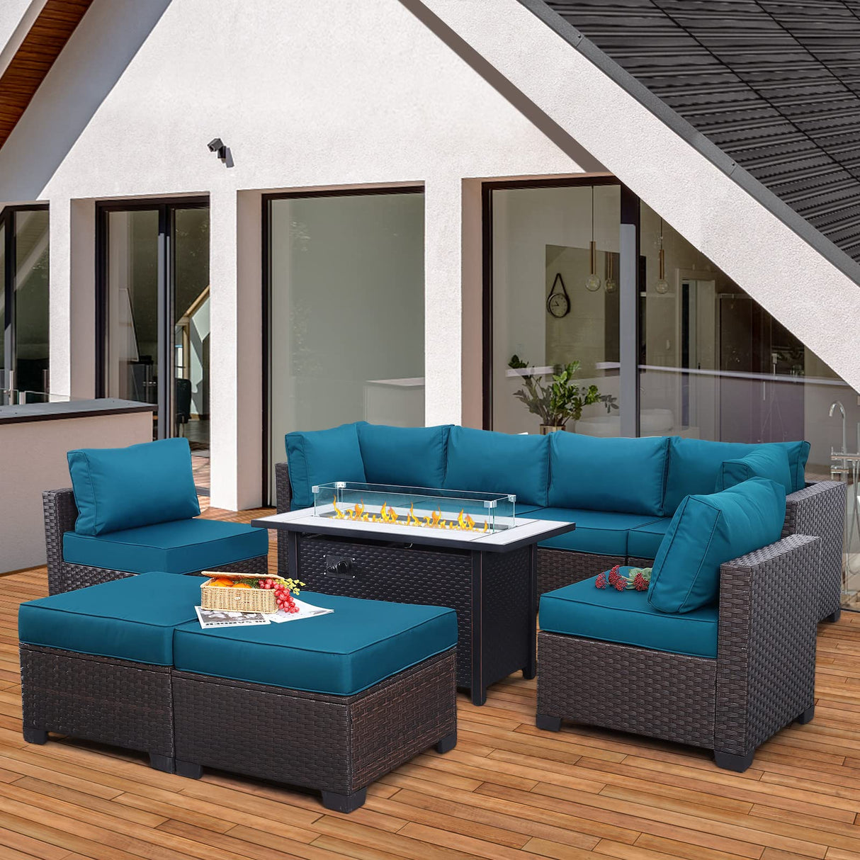 Lviden 9 Pieces Wicker Patio Furniture Set Outdoor PE Rattan Sectional Conversation Sofa Set with Peacock Blue Cushions and 45” gas fire pit table Lviden