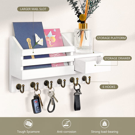 FifthQuarter Key and Mail Holder For Wall, Mail Organizer Wall Mount with 6 Hooks and Storage Drawer, Easy Installation Key Rack for Entryway and Home Decor (A-White) FifthQuarter