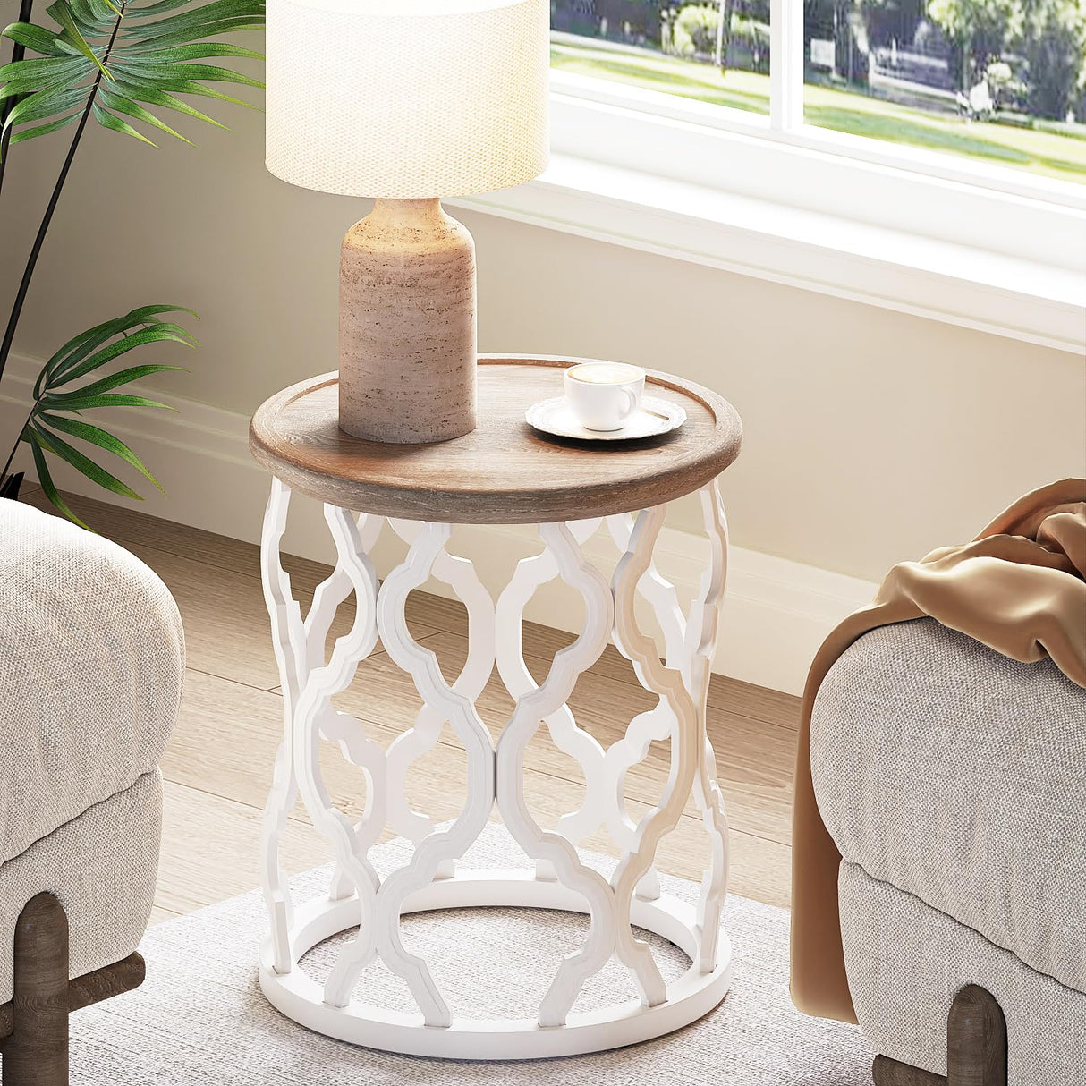 karlott Farmhouse End Table, 18.5'' French Country Round Side Table, Distressed Tray Top Side Table with Curved Motif Frame Base for Boho, End Tables Living Room, Bedroom, Small Space, Easy Assembly karlott