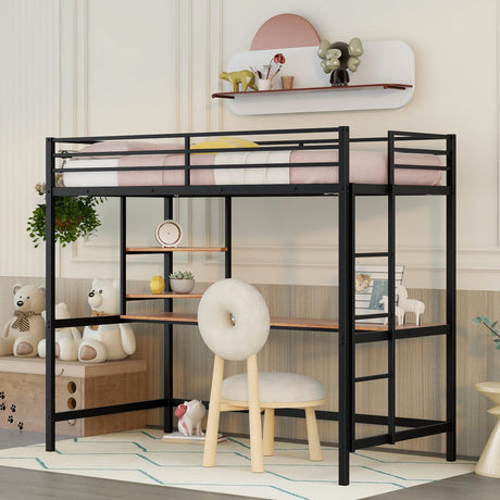 HomJoones Loft Bed with Desk, Loft Bunk Bed Over Desk and Bookcase with Metal Frame, 12.8" H Safety Guardrail, Noise Free, No Box Spring Needed, Twin (Black) HomJoones