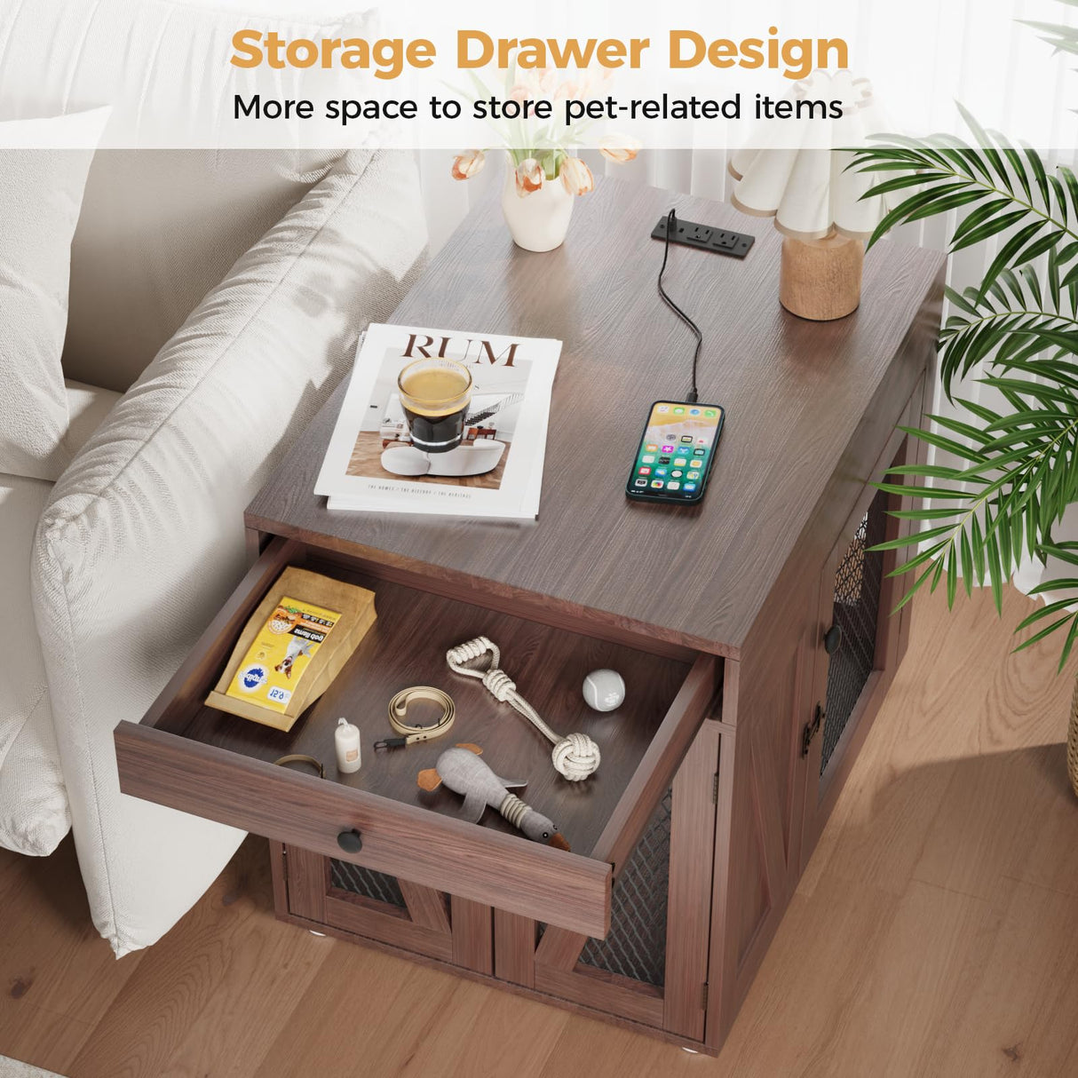 VOWNER Dog Crate Furniture, Wooden Dog Kennel End Table with USB Charging Station, Storage Drawer, Double Latched Door, Furniture-Style Crate Side Table for Medium Dogs Under 40 lbs Indoor, Oak Brown VOWNER