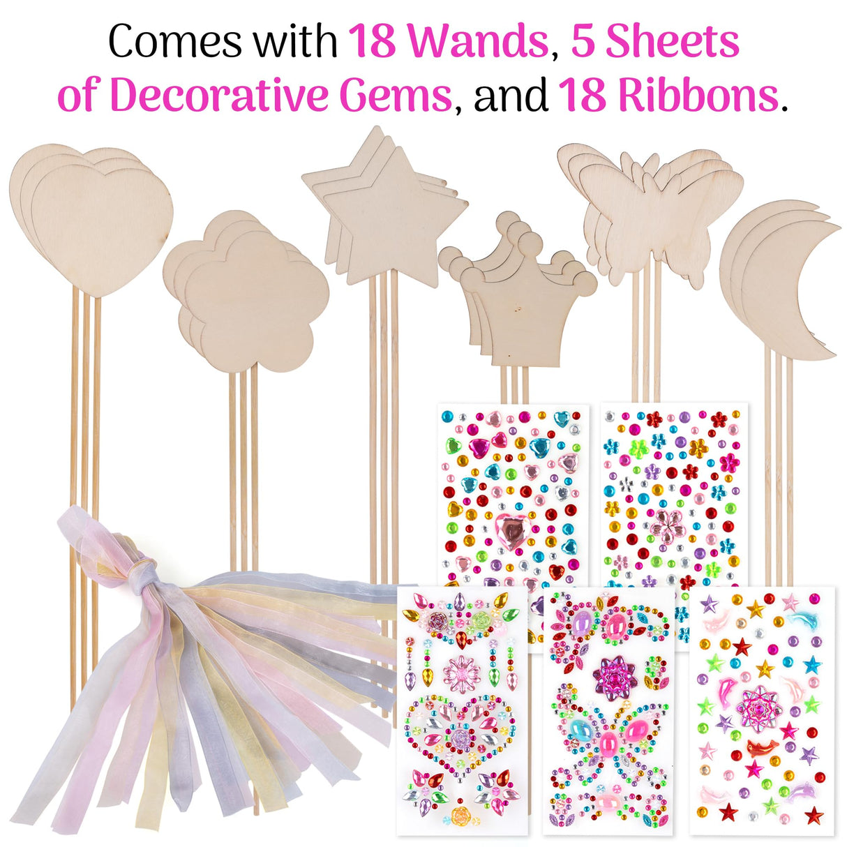 ArtCreativity Fairy Wand Kit, Includes 18 Wooden Wands, 18 Ribbons, and 5 Gem Sticker Sheets - Wand Decorating Kit - Birthday Party Crafts for Kids - Princess Party Activity ArtCreativity