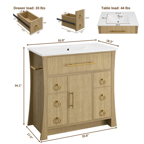 IRONCK 36" Bathroom Vanity with Sink, Freestanding Bathroom Sink Cabinet with 4 Drawers & 1 Flip-Down Drawer, Wood Grain Texture, Metal Handle, Farmhouse IRONCK