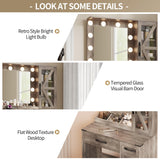 NEDYO Vanity with Mirror and Lights, Farmhouse Vanity Desk, Makeup Vanity Table Set, Small Wood Vanity with Chair, Vintage Large Light Bulbs Dimmable Mirror, Shelves and Drawers. Oak NEDYO