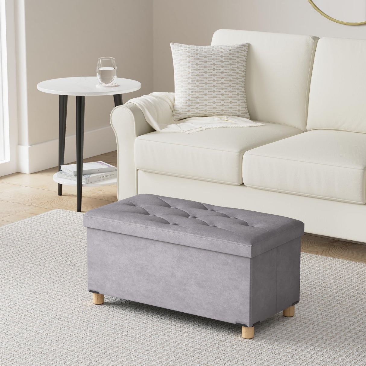 BRIAN & DANY 30 Inches Folding Storage Ottoman Bench, Ottoman with Storage for Living Room, with Wooden Feet and Lid, Grey BRIAN & DANY