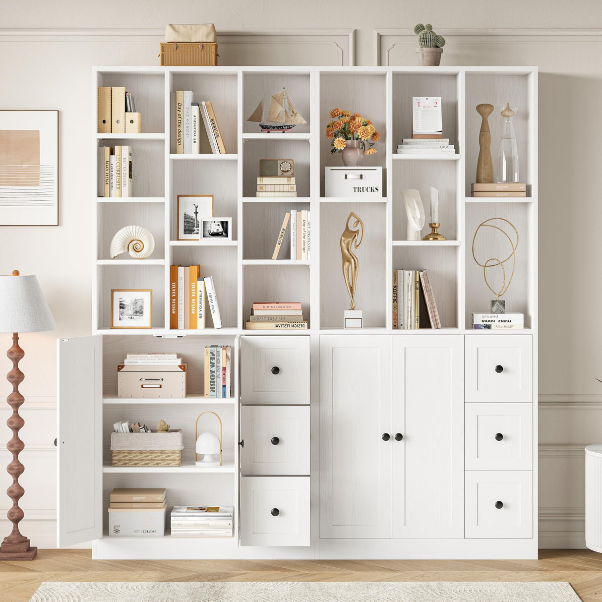 IRONCK Bookshelf and Bookcase with Doors and Drawers, 71" Tall 7 Tier Bookshelf with Display Storage Shelves for Home Office, White IRONCK