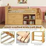 Low Loft Bed with LED Lights and Bookshelf, Wooden Kids Loft Bed with Stairs and Safety Guardrail, Low Loft Bed Twin with 2 Storage Drawers and Shelves for Girls Boys,No Box Spring Needed, Natural Mirightone
