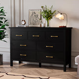 Tradare Black Dresser for Bedroom, 7 Drawer Wood Double Dresser with Golden Handles, Wide Chest of Organizer Storage Drawers for Living Room, Hallway, Entryway Tradare