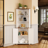 FREDEES Antique White Tall Corner Cabinet with LED Light - Rustic Farmhouse Storage Solution FREDEES