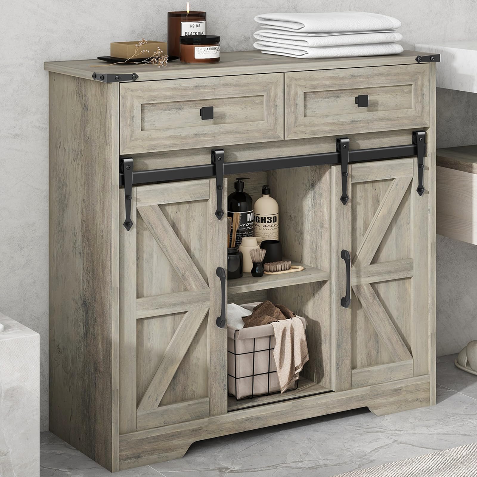 Vabches Farmhouse Storage Cabinet with Sliding Barn Doors and Drawers, Grey Freestanding Kitchen Pantry Cabinet, Floor Storage Cabinet for Bathroom, Living Room, Adjustable Shelves, Ample Spa - WoodArtSupply