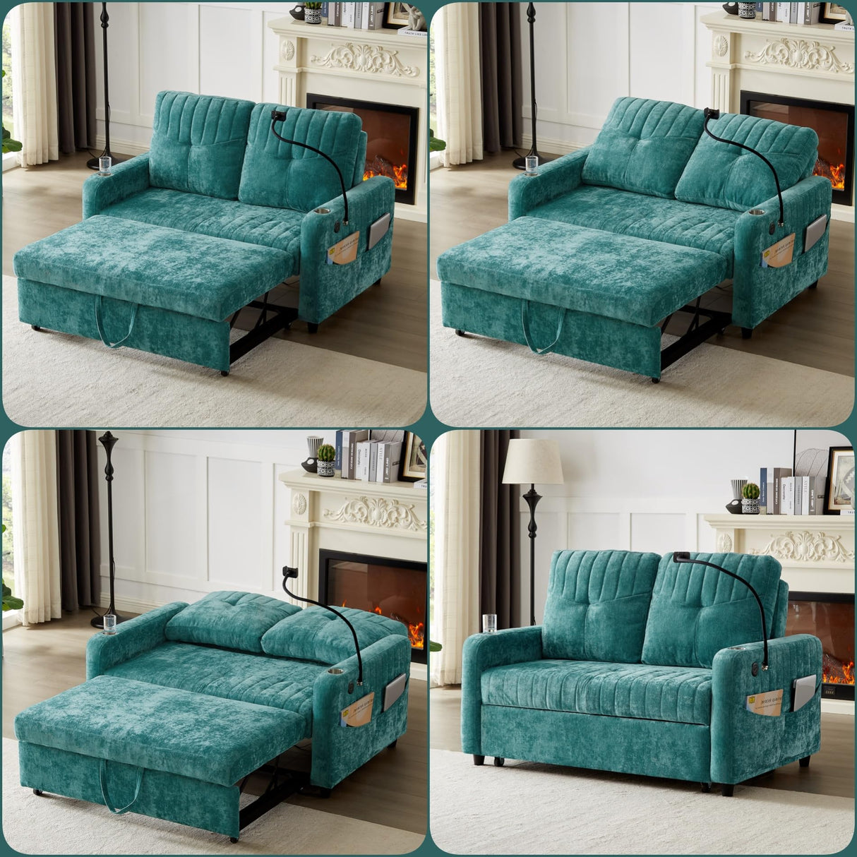 Merax 54" Convertible Sleeper Sofa Bed, Chenille 3-in-1 Pull Out Futon Couch Loveseat with Adjustable Backrest, 2 Cup Holders, Phone Stand, 3 Charging Ports and Storage Pockets for Living Room, Teal Merax