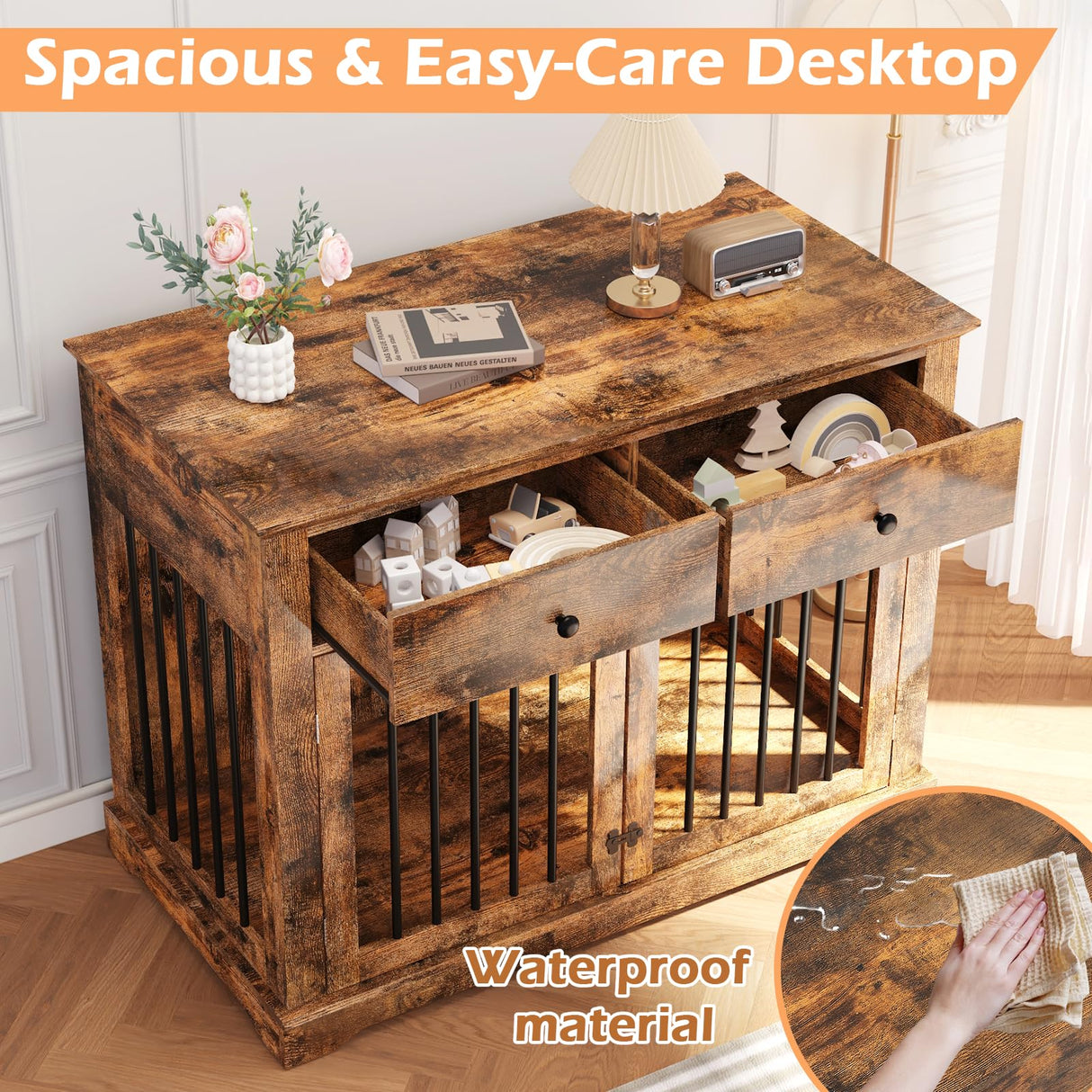 Dog Crate Furniture, 44 Inch Wooden Dog Kennel Furniture Indoor with 2 Storage Drawers, Heavy Duty Large Dogs Crate Furniture, Cage & House Furniture for Small Medium Large Dogs, Brown VENDORZ