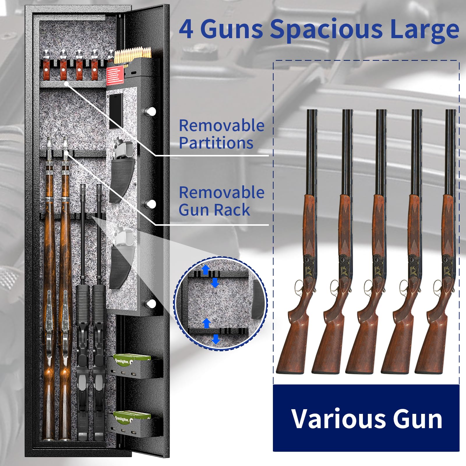 INTERGREAT 4-10 Rifle Safe Quick Access, Long Gun Safe Shotgun for Pistols and Home, Metal Gun Cabinet with Pockets for Handgun, 3 Adjustable Shelf, Firearms - WoodArtSupply