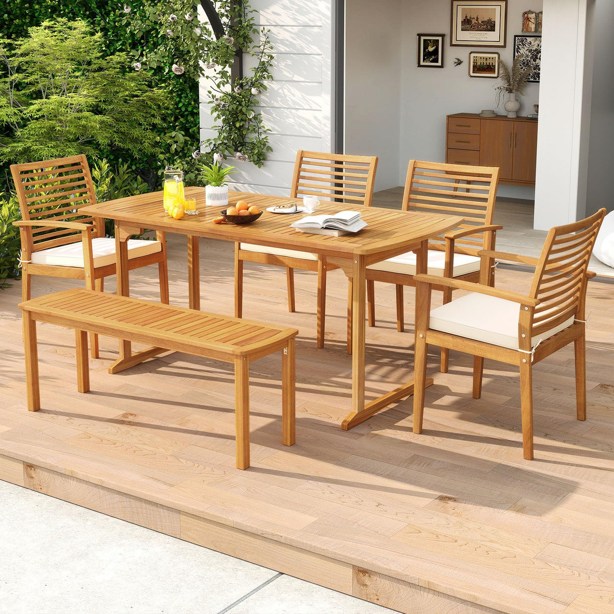 Tangkula 6 Pieces Outdoor Acacia Wood Dining Set, Rectangle Patio Dining Table with Umbrella Hole and 4 Cushioned Chairs and Bench, for Backyard Garden Poolside Deck Tangkula