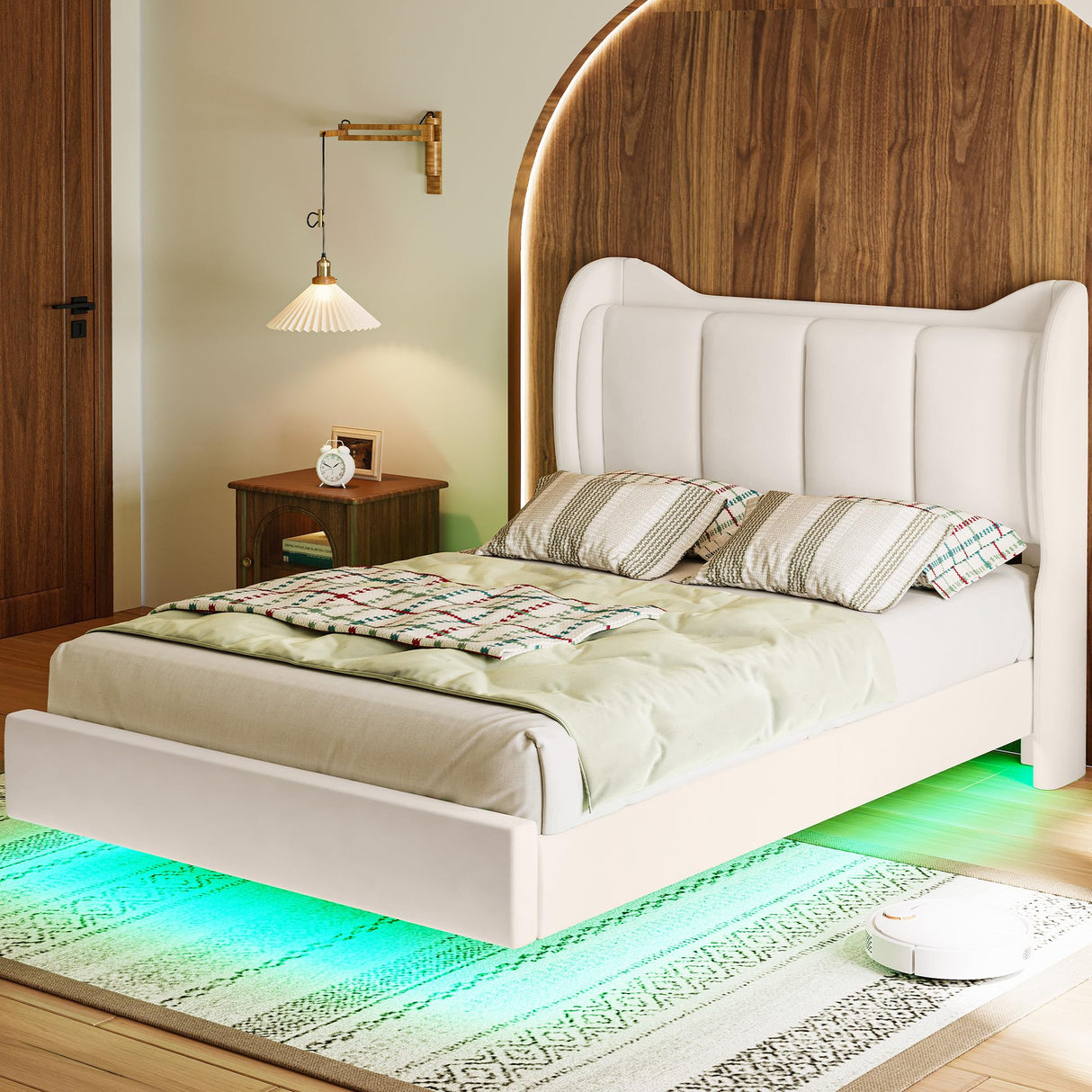 LIKIMIO Full Bed Frame with Headboard, Velvet Upholstered Platform Bed with LED Light, Solid Wood Slats Support, No Box Spring Needed, Cream LIKIMIO