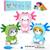 Crochet Kit for Beginners - 3 PCS Axolotl Cat Crochet Kits with Step-by-Step Video Tutorials, Beginner Crochet Kit for Adults, Crochet Cat Dressed as Axolotl Set (Blue & Green & Pink) Fortuning's JDS