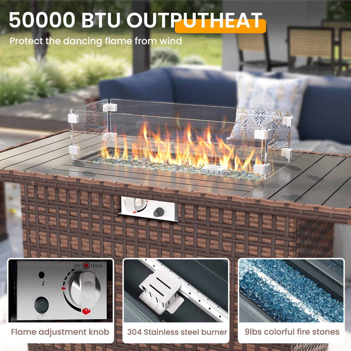UDPATIO Patio Furniture Set with 44'' Fire Pit Table,Modular Outdoor Furniture Sets,Slanted Back Outdoor Sectional Conversation Set PE Rattan Sofa for Backyard W/Coffee Table,4'' Cushions,8 PCS,Blue UDPATIO