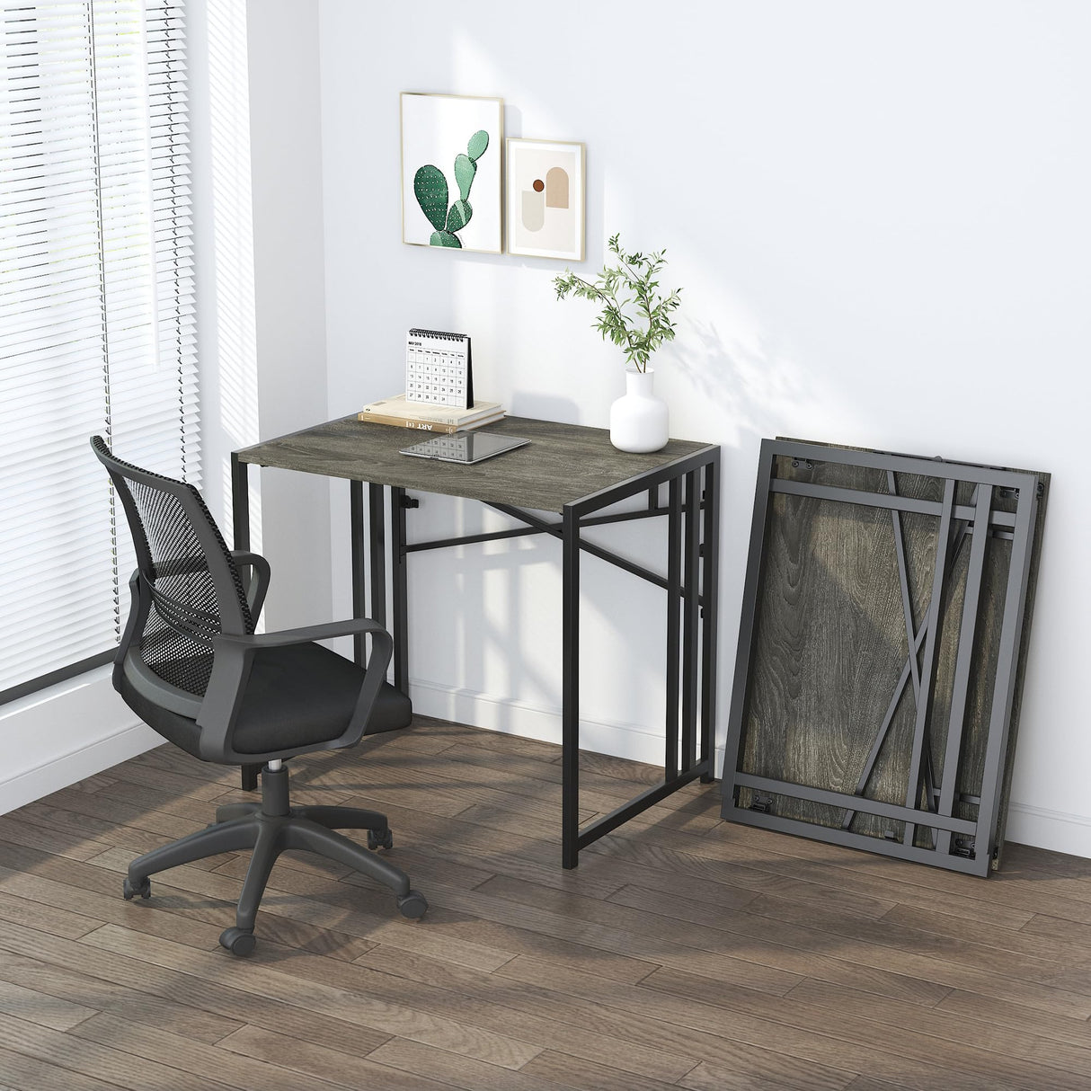 Lutown-Teen 32 inch Small Folding Desk, Writing Gaming Computer Camping Desk for Small Spaces, No Assembly Required Home Office Desk, Black Oak Lutown-Teen