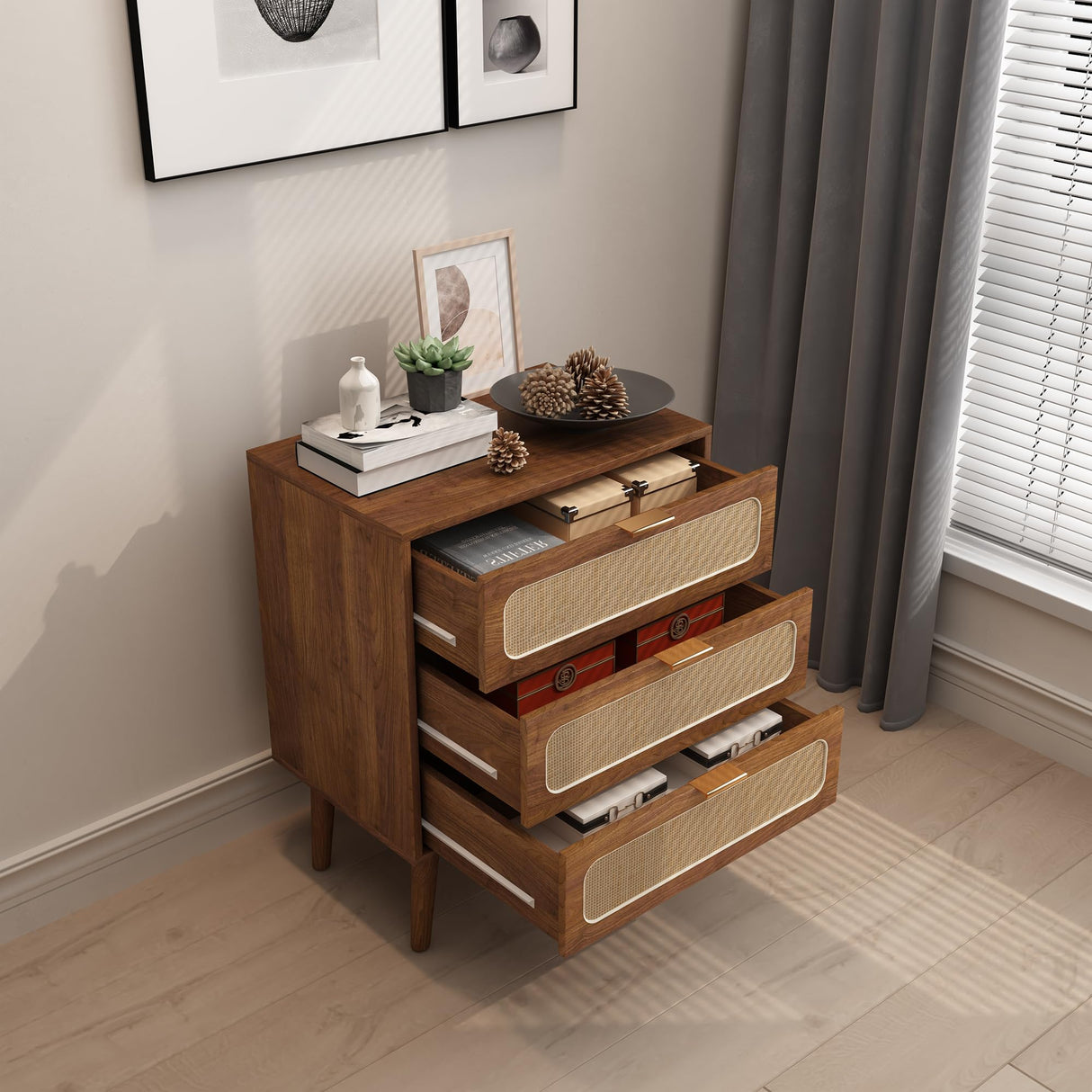 RARZOE Rattan Nightstand Dresser Chest of 3 Drawers, Wood Storage Dresser Cabinet Organizer Unit for Bedroom Living Room Closet Office(Walnut) RARZOE