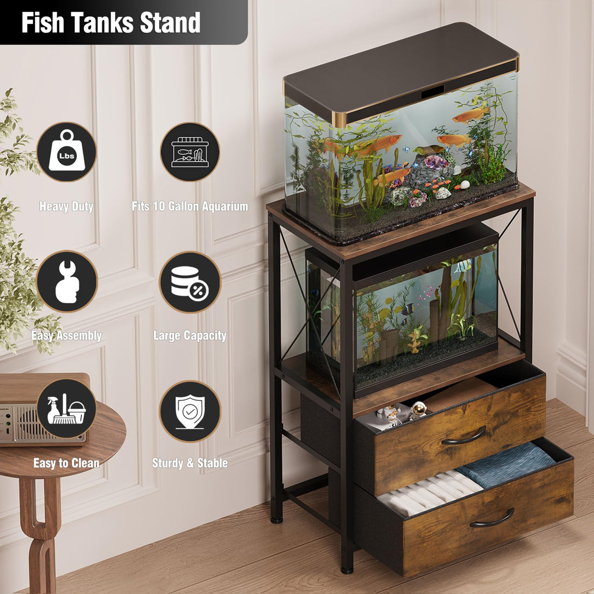 Welfuturer 10 Gallon Aquarium Stand with 2-Tier Shelf Fish Tanks Stand with 2 Drawers Metal Frame Heavy Duty Reptile TurtleTank Stand with Storage for Home Offic Fish Tank Accessories Storage, Brown Welfuturer