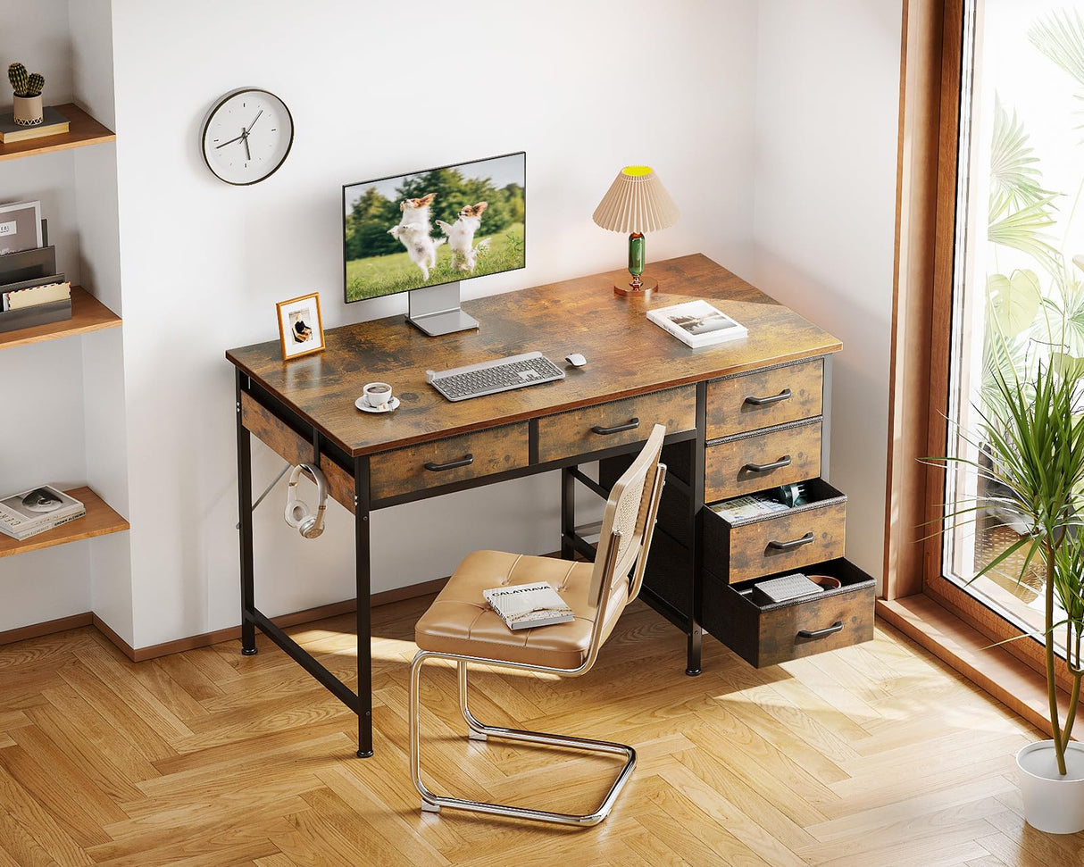 ODK Computer Desk with 6 Drawers, 40 Inch Small Desk with Storage, Reversible Desk with Headphone Hook for Home Office, Work Study Table for Bedroom, Rustic Brown ODK