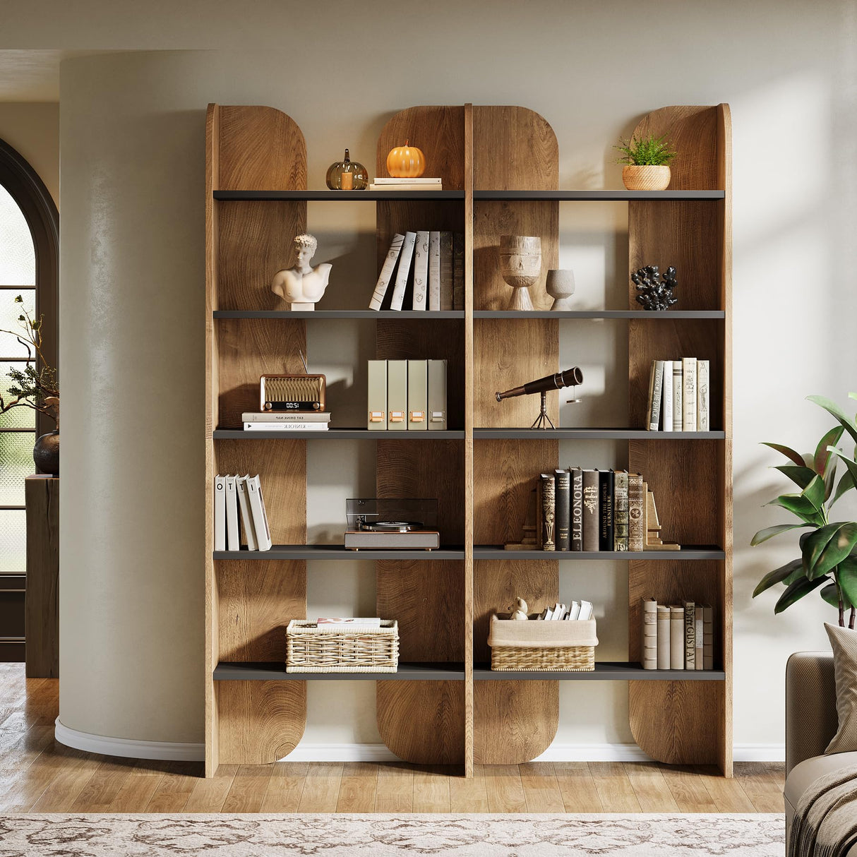 Tribesigns 70.87" Tall Farmhouse Bookshelf, 5-Tier Double Wide Bookcase with Open Shelves, Vintage Bookshelf for Living Room, Office, Study Room, Bedroom (1, Brown+Black) Tribesigns