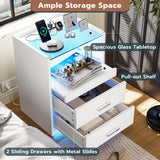 VIAGDO White Nightstand with Charging Station and LED Lights, 2 Drawers LED Night Stand with Tempered Glass Tabletop, Modern End Side Tables with Pull-Out Tray, Open Storage Bedside Tables VIAGDO