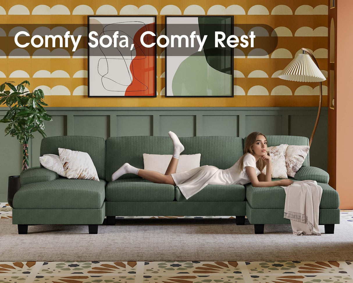 Furmax Sectional Couches for Living Room, U-Shaped Sofa Couch with Linen Fabric, 4 Seat Sofa Set with Double Chaise for Apartment (Corduroy, Dark Green) Furmax