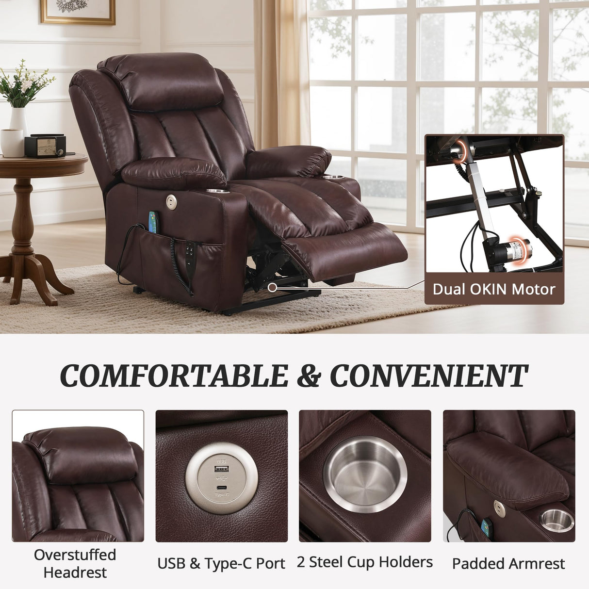 Cozyman Dual Motor Power Lift Recliner Chair for Elderly, Oversized Recliner Chair for Adults, Lift Recliner Chair with Heat and Massage, Infinite Position, USB Ports, Faux Leather, Dark Brown Cozyman