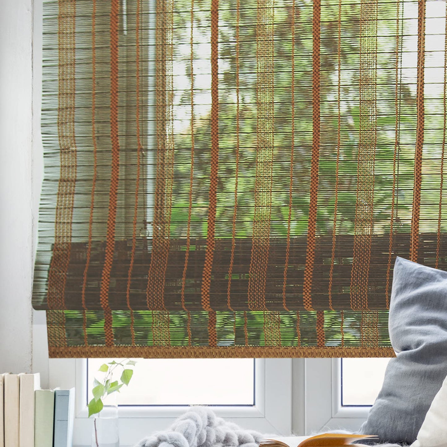 FACIMI Blackout Bamboo Roman Blinds, Roll-Up Natural Woven Shades with 6" H Valance, Custom Light Filtering Bamboo Shades for Windows, Doors, Patio Door, Porch, Color 9