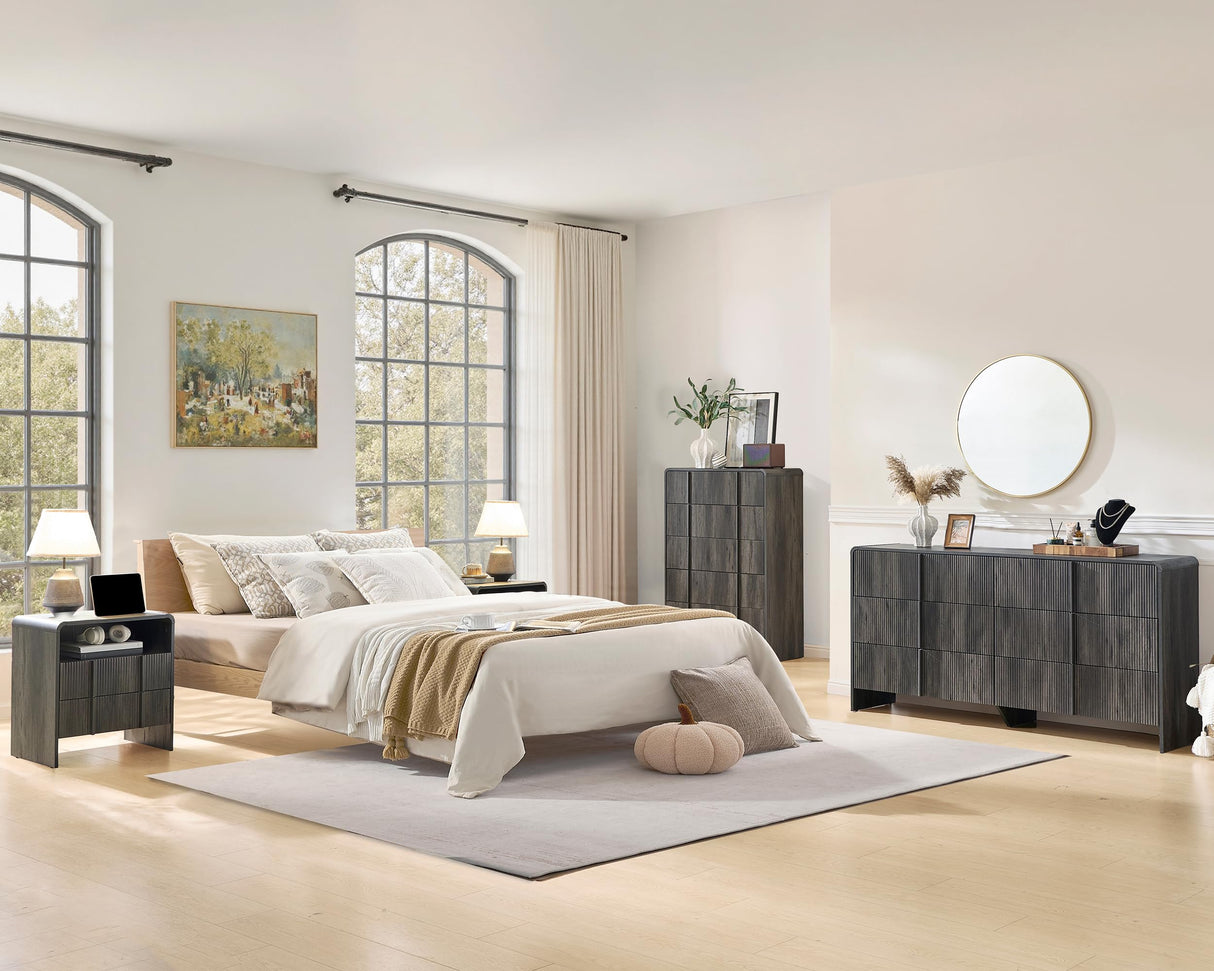 AMERLIFE 63" Fluted 6 Drawer Dresser, Long Modern Chest of Storage Drawers with Pine Handles, Rounded Corners & Anti-Tip Design, Wood Closet Organizer for Bedroom, Living Room, Nursery, Black AMERLIFE