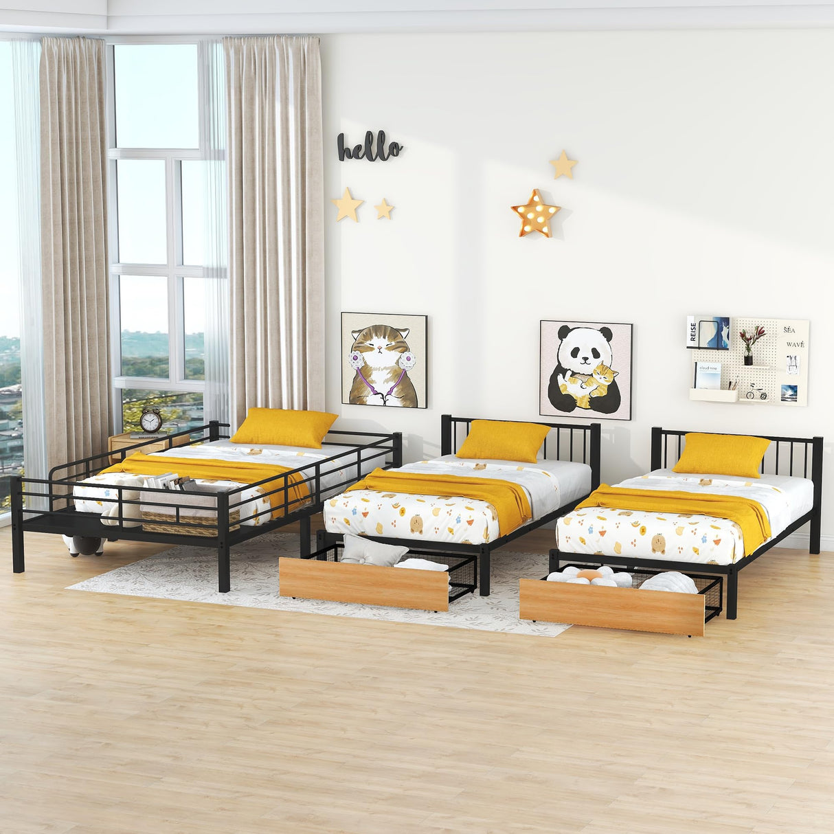 Triple Bunk Bed Metal Full Over Two Twin Beds with Storage Drawers and Shelf Detachable 3 Bed Bunk Bed Frame with Ladder for Kids Boys Girls Teens, Can Bed Divided into Three Separate Beds, Black Bellemave