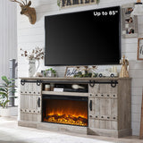 OKD 70" Fireplace TV Stand for 75 80 Inch TV, Farmhouse Highboy Entertainment Center with 30" Electric Fireplace &Sliding Barn Doors, 32" Tall Media Console Cabinet for Living Room, Light Rustic Oak OKD
