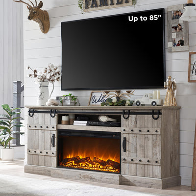 OKD 70" Fireplace TV Stand for 75 80 Inch TV, Farmhouse Highboy Entertainment Center with 30" Electric Fireplace &Sliding Barn Doors, 32" Tall Media Console Cabinet for Living Room, Light Rustic Oak