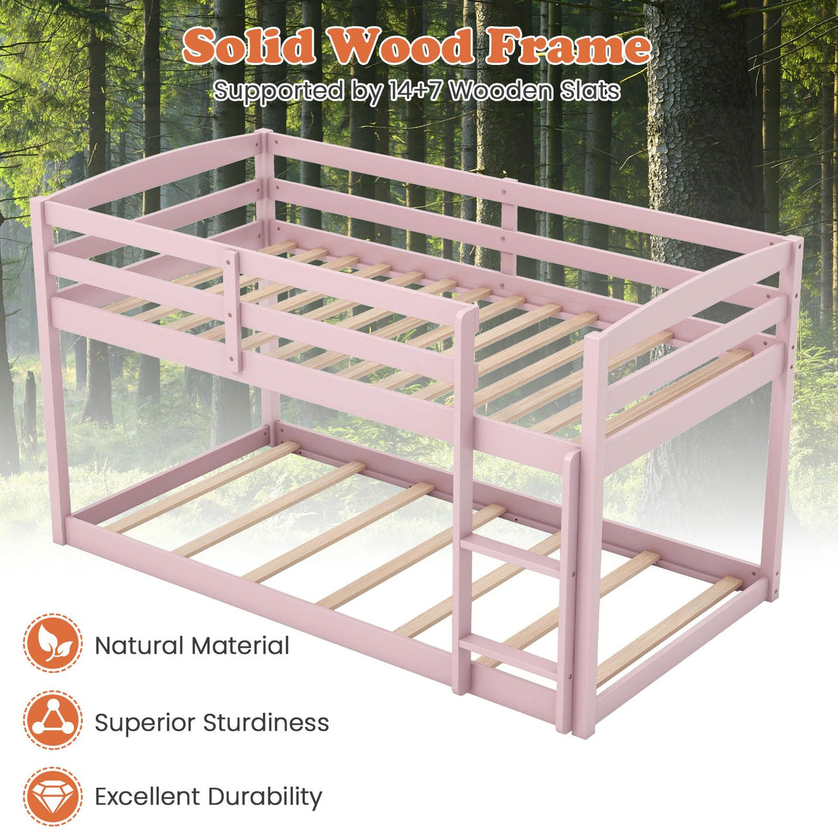 Giantex Twin Low Bunk Bed, Solid Wood Twin Over Twin Bunk Bed Frame with Full Guardrails & Integrated Ladder, Floor Twin Bunk Beds for Kids Boys and Girls, No Box Spring Needed (Pink) Giantex