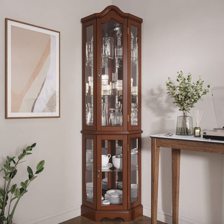 BELLEZE Lighted Corner Display Curved Top Curio Cabinet Wooden Shelving Unit with Tempered Glass Door, Bar and Liquor Storage Area with 5 Shelves - BELLEZE