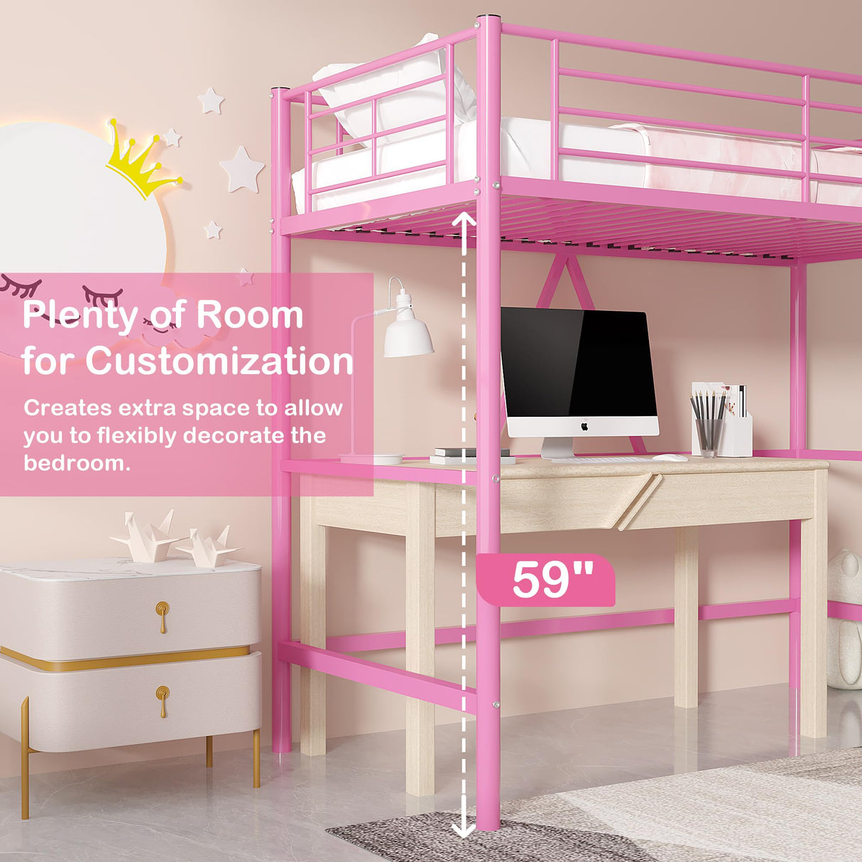 VECELO Metal Loft Bed Twin Size, Heavy Duty Bedframe with Removable Ladder and Safety Guardrail, Space-Saving, Noise Free, No Box Spring Needed, Pink VECELO