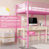 VECELO Loft Bed Twin Size, Metal Bedframe with Removable Ladder and Safety Guardrail, No Box Spring Needed, Space Saving, Noise Free, Light Pink VECELO