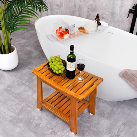 Teak Shower Bench Seat with Handle 14 Inch/Teak Wood Shower Stool with Shelf/Wooden Bathroom Spa Bathing Stool/Waterproof Teak Shower Stool/Indoor and Outdoor Use,Patented Design. NNN
