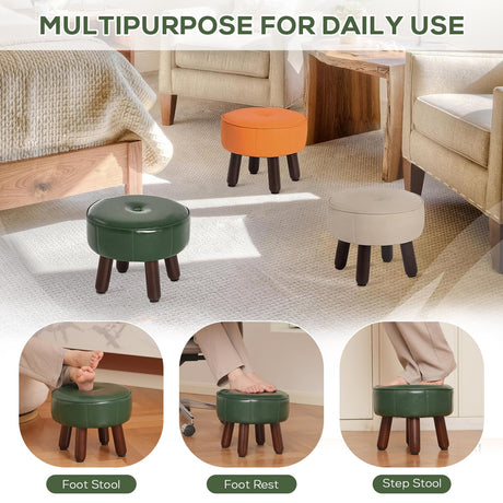 oakvivo 13in Small Foot Stool Ottoman, Round Faux Leather Foot Rest for Couch, Under Desk Pouf Footstool Footrest with Non-Skid Rubber Legs for Ling Room, Bedroom, 13''L x 13''W x 10.2''H, Green oakvivo